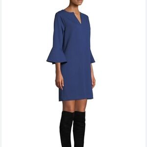 Joan Vass Slit Neck 3/4 Bell Sleeve Crepe Dress - Cobalt Blue - Medium
